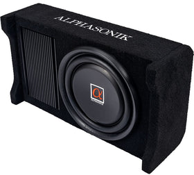 Alphasonik AS80A down-fire subwoofer in compact car install delivering deep, punchy bass.