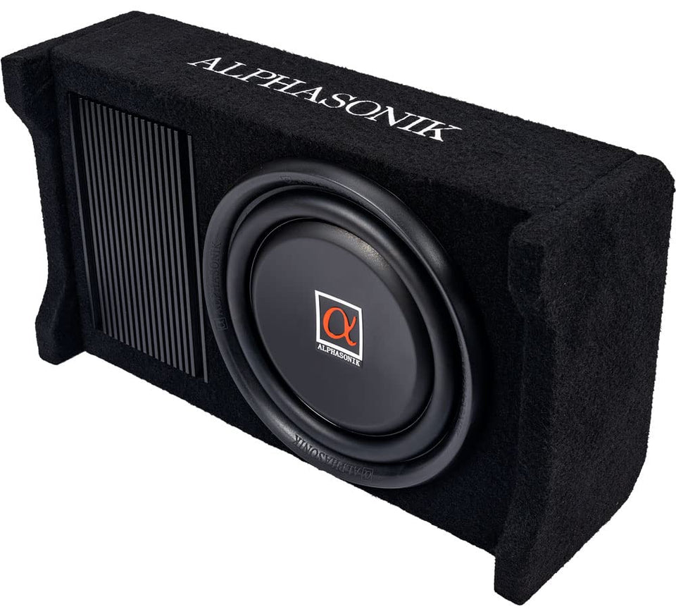 Alphasonik AS80A down-fire subwoofer in compact car install delivering deep, punchy bass.