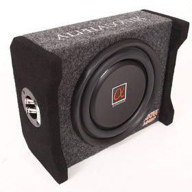 Alphasonik AS8DF 8-inch subwoofer front view shows space-saving design for tight spaces.
