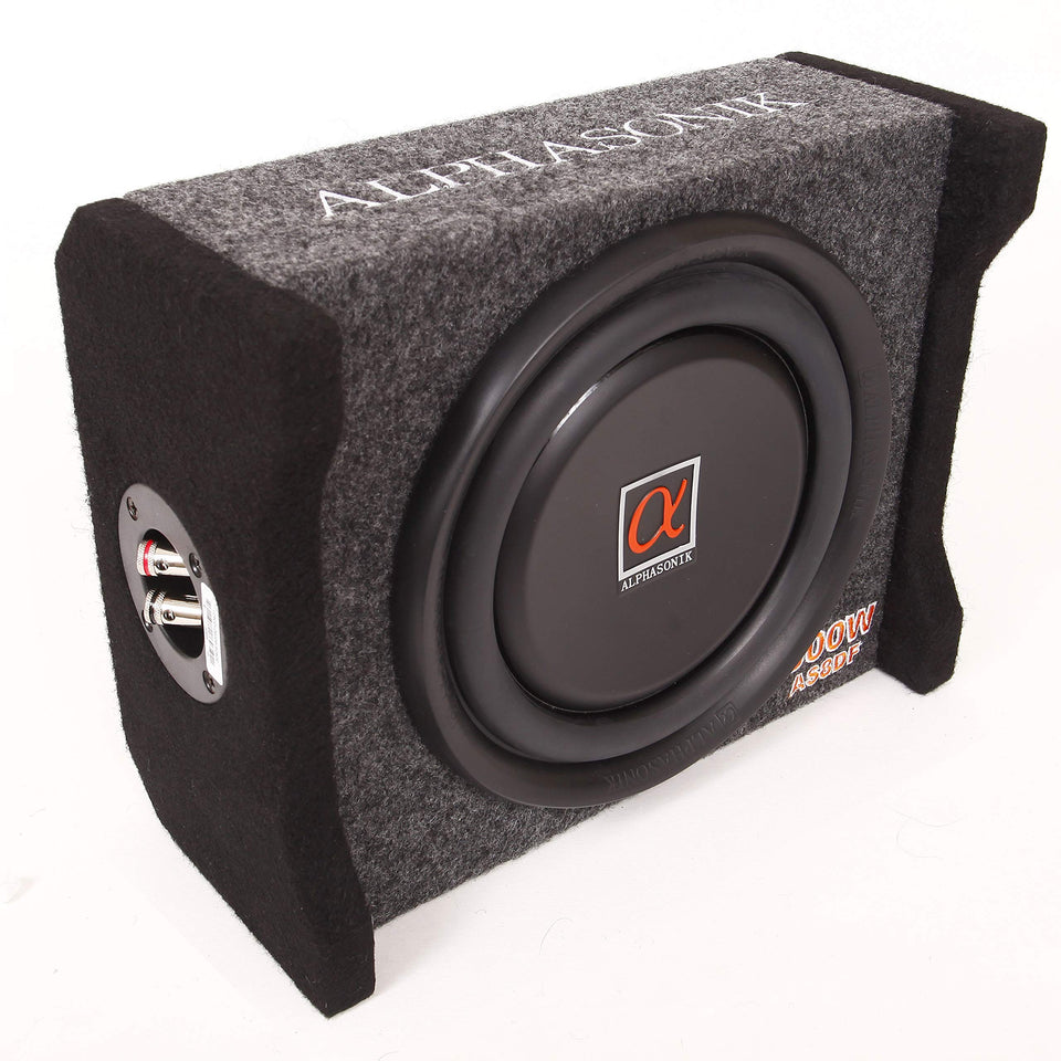 Alphasonik AS8DF 8-inch subwoofer front view shows space-saving design for tight spaces.