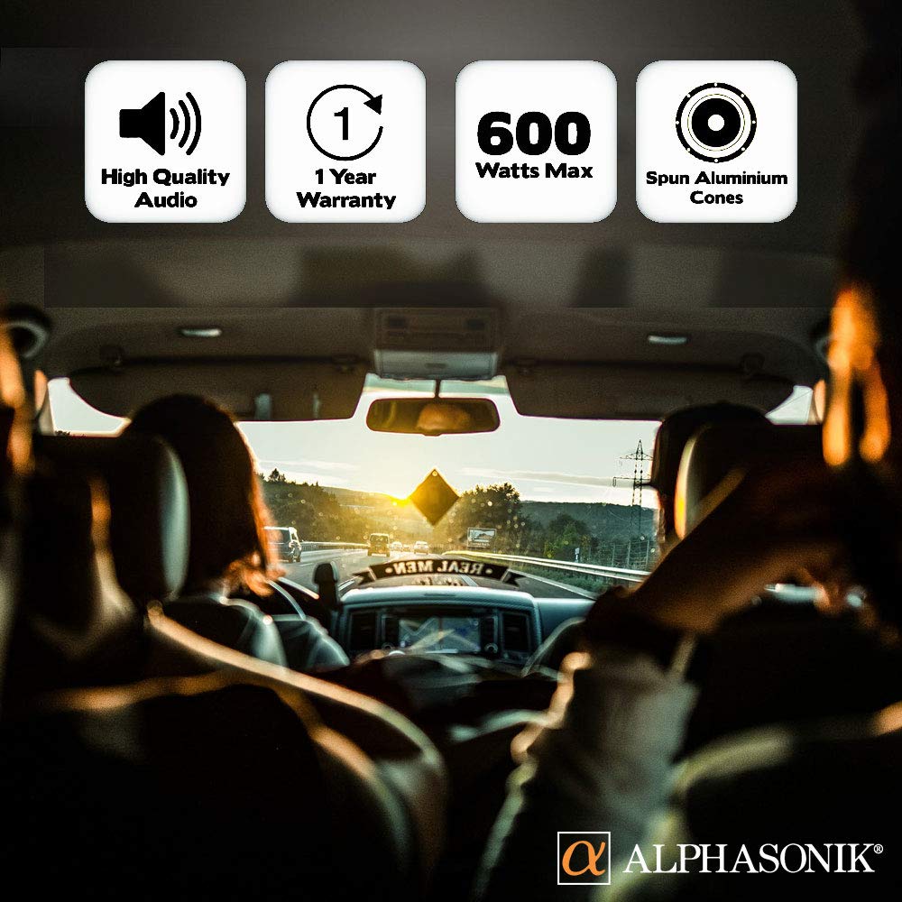 Alphasonik AS8DF down-fire design image highlights efficient bass in shallow mounts.