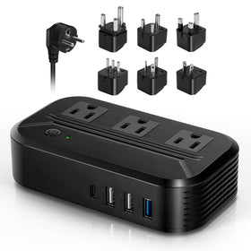 Alphino voltage converter front view shows a compact, travel-ready design.