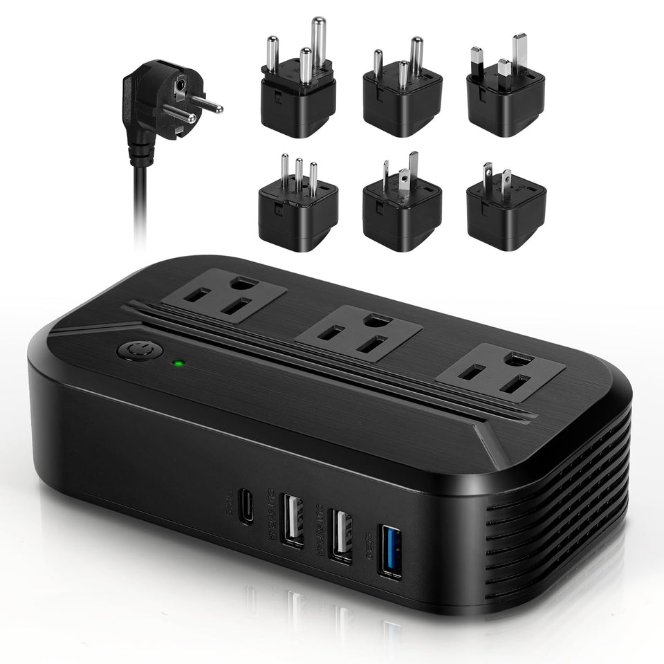 Alphino voltage converter front view shows a compact, travel-ready design.