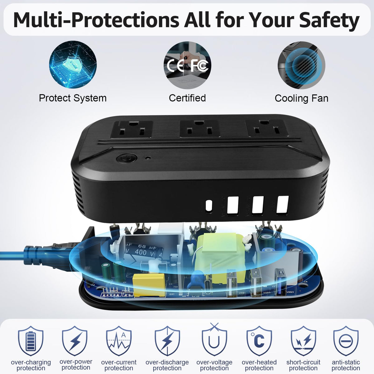Alphino voltage converter safety protections emphasize over-voltage and short-circuit safeguards.