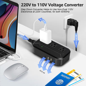 Alphino voltage converter US outlets demonstrates multiple sockets for simultaneous charging.