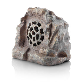 Poolside scene featuring Alpine rock speaker for wireless outdoor audio.