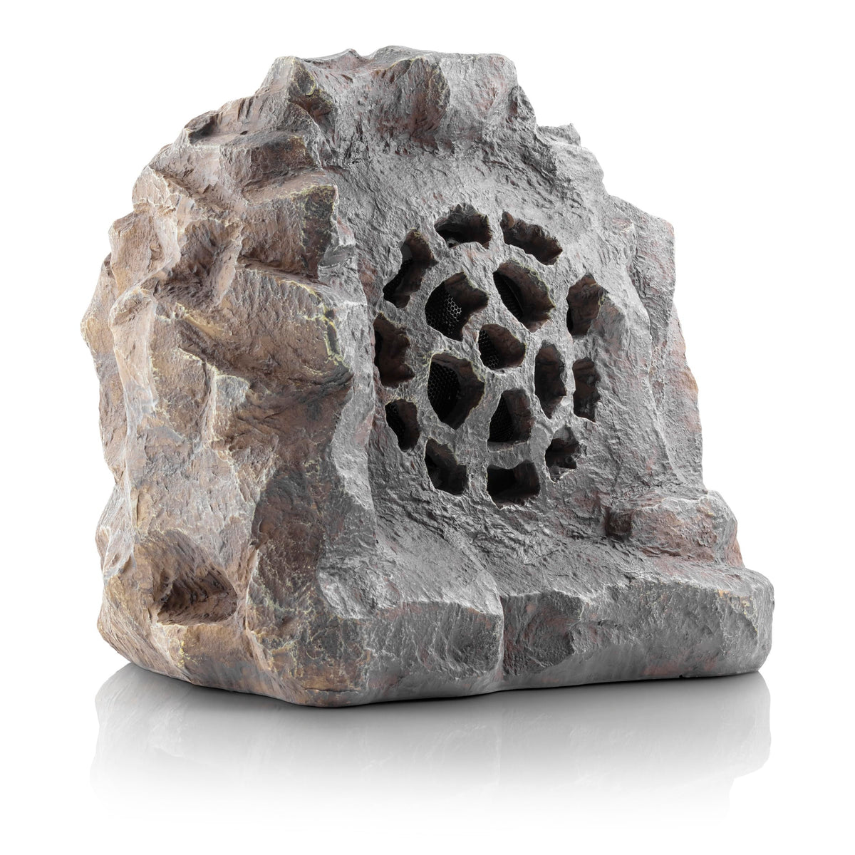 Alpine Corporation rock speaker in sunlight blending with garden decor for outdoor audio.