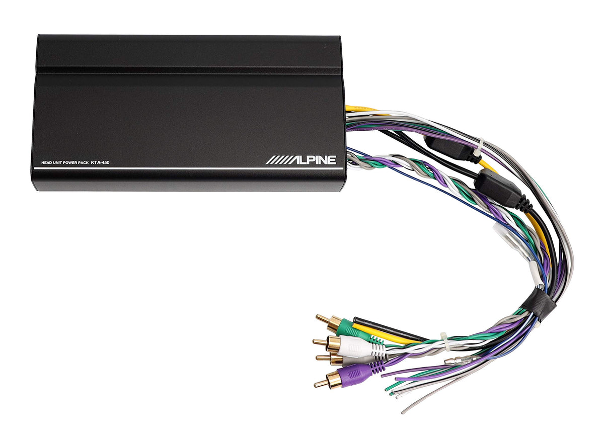 Alpine KTA-450 front view shows compact amplifier ideal for small dash spaces.
