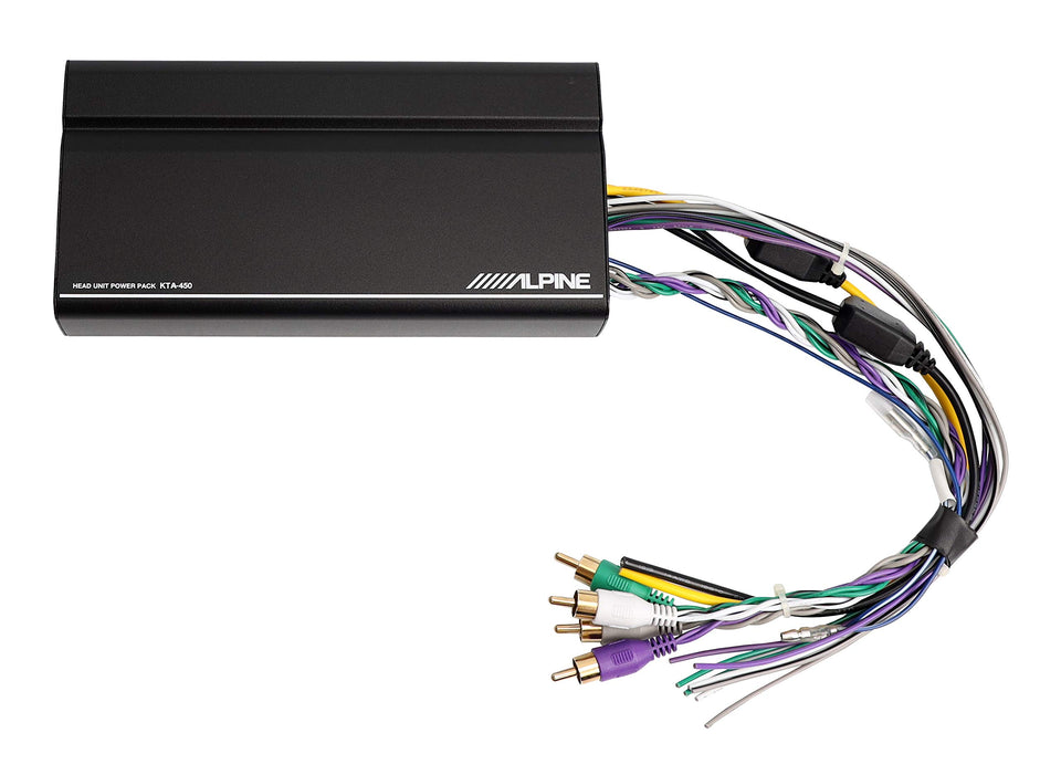 Alpine KTA-450 front view shows compact amplifier ideal for small dash spaces.
