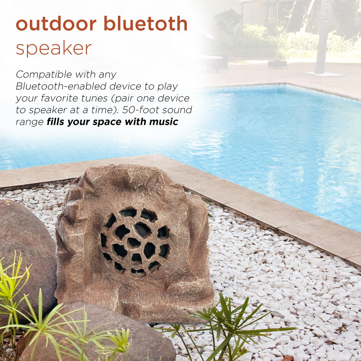 Alpine rock speaker 50-foot Bluetooth range connects to devices across outdoor spaces