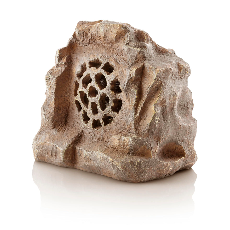 Alpine rock speaker with solar panel close-up powering outdoor listening