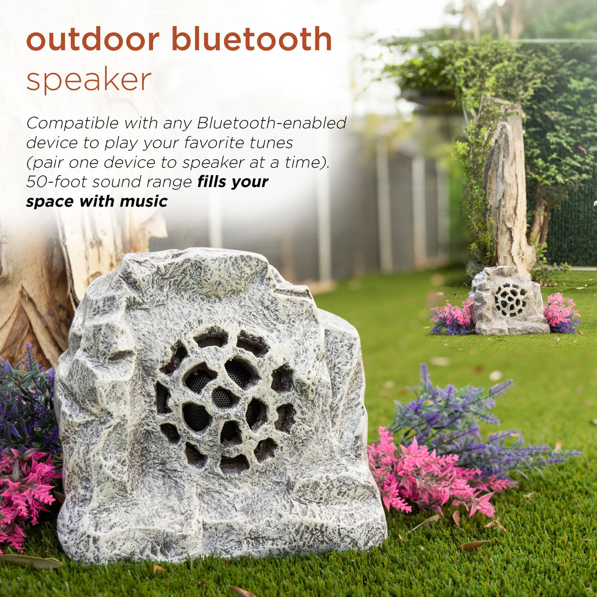 Alpine rock speaker solar patio scene showing outdoor audio for gatherings