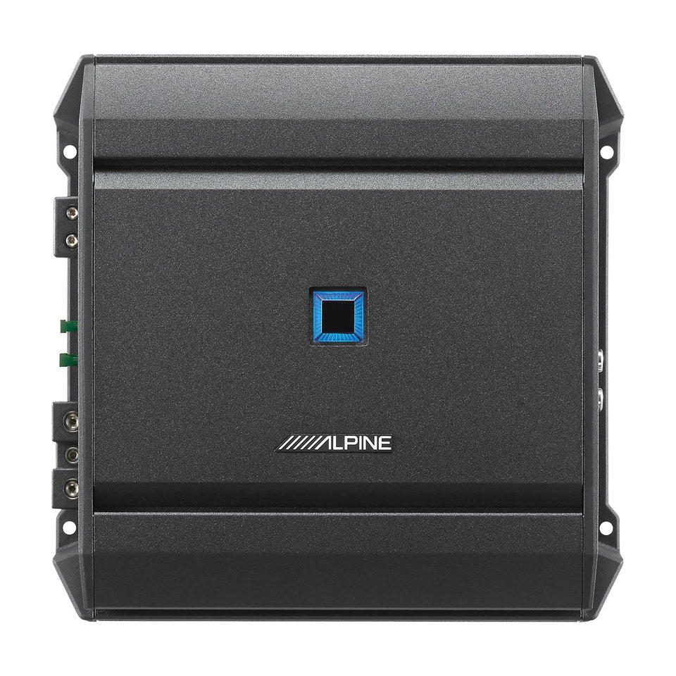 Alpine S-A60M front view showing a compact Class D amp for space-saving bass