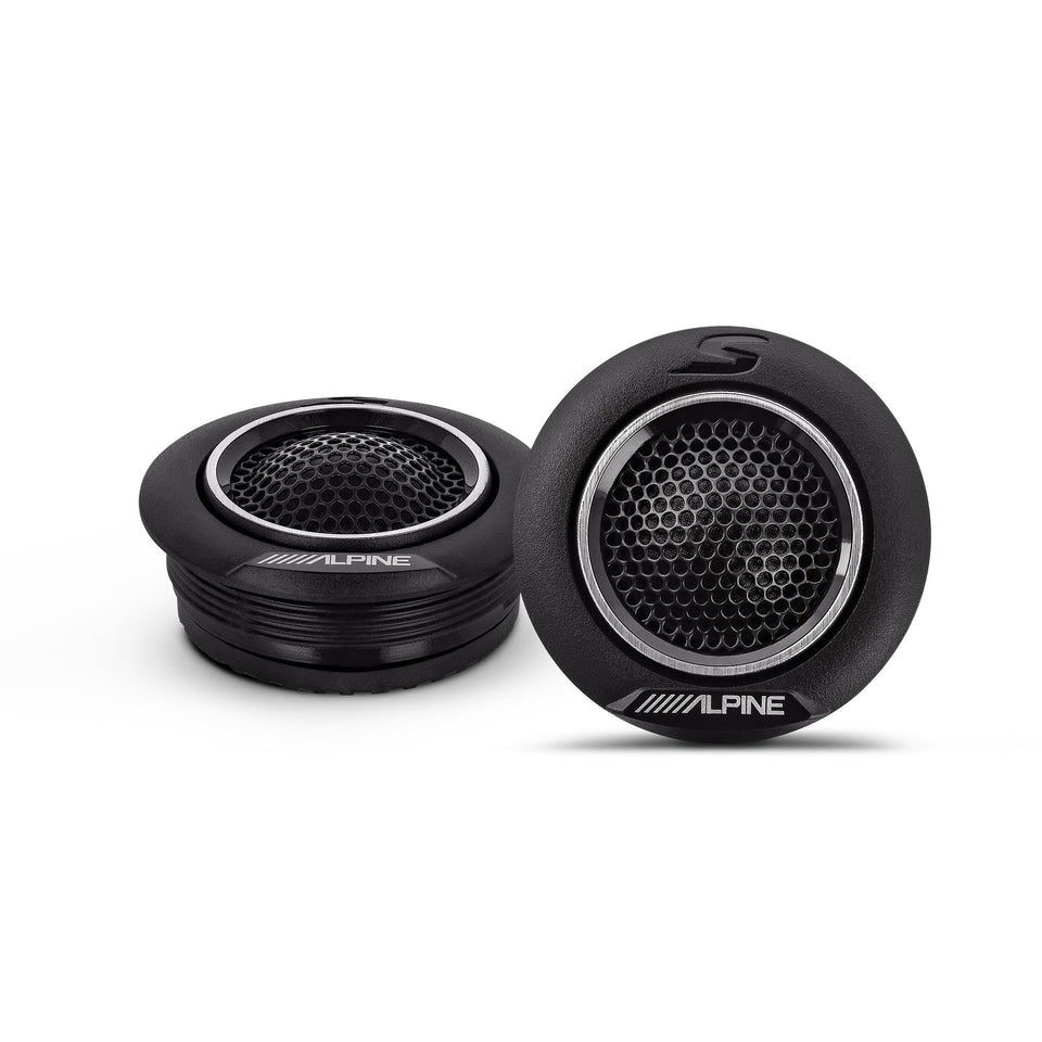 Alpine S-S10TW front view showing 1 inch silk dome tweeter for smooth highs