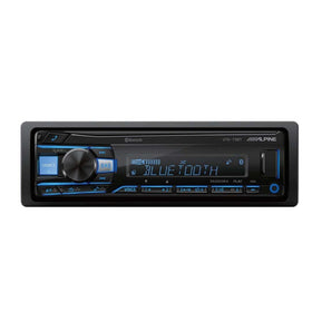 Alpine UTE-73BT front panel display shows RBDS data for easy station selection.