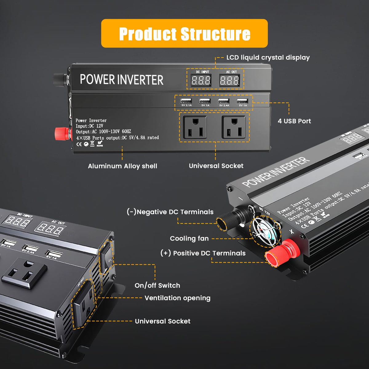 ALSO GO 1200W inverter digital display shows status and input