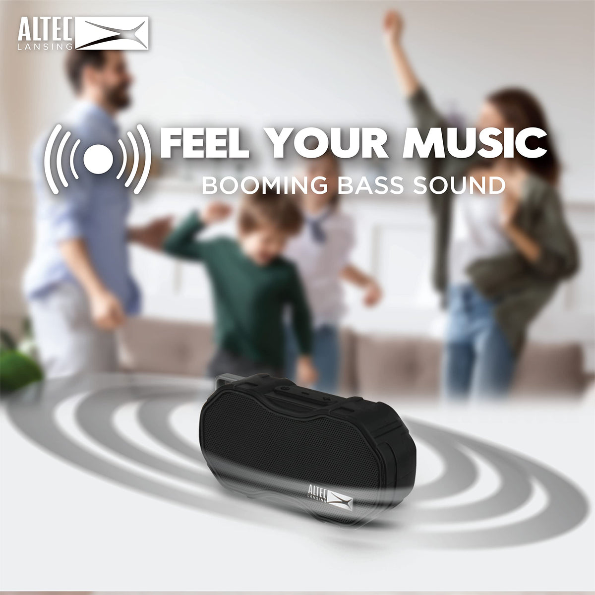 Altec Lansing Baby Boom poolside scene emphasizes waterproof and floating capability