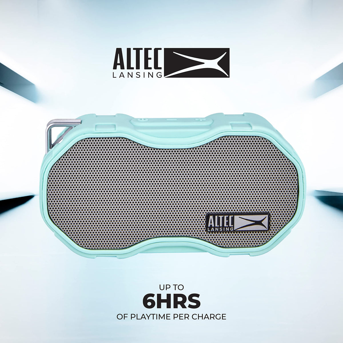 Altec Lansing Baby Boom Mint by poolside demonstrates waterproof safety near water.