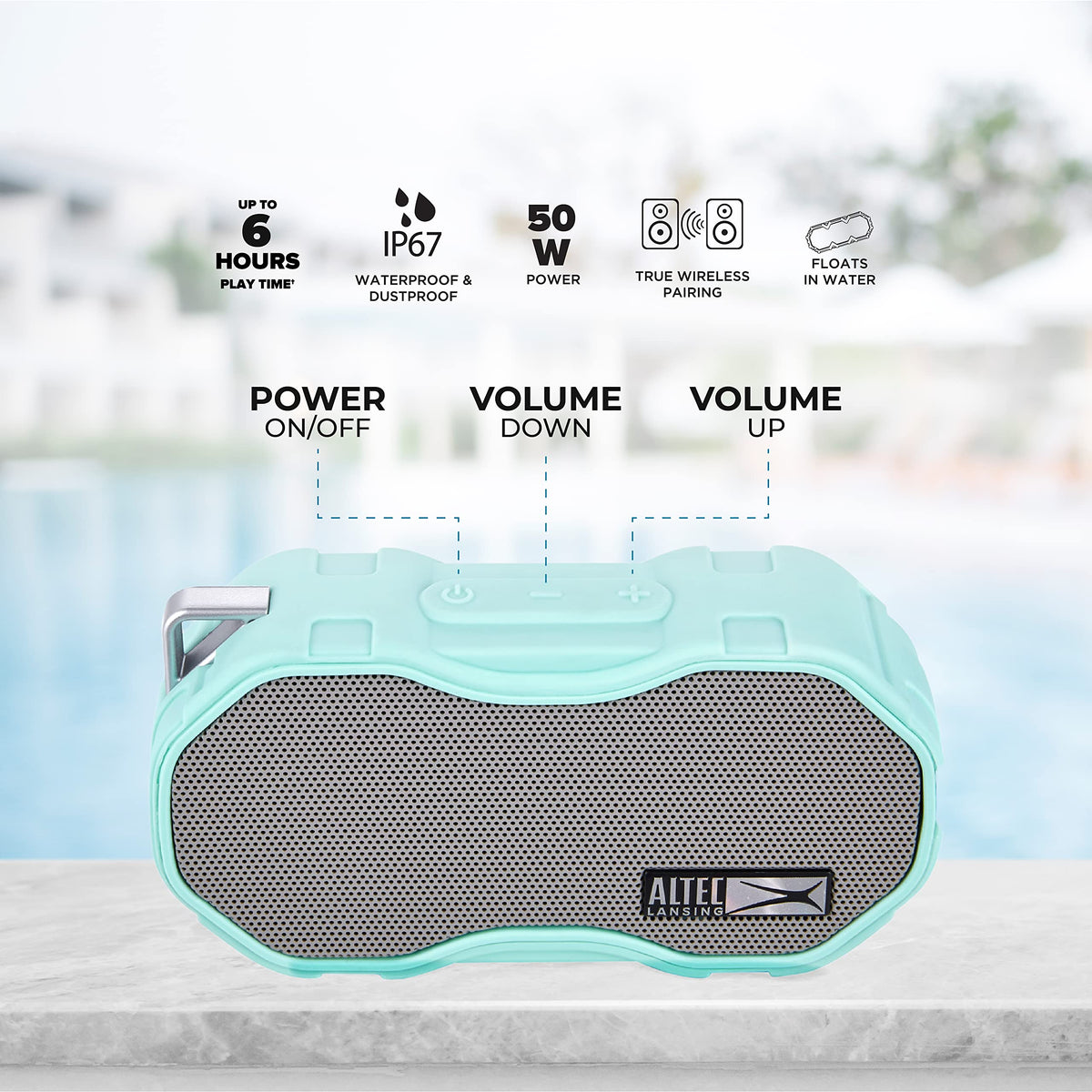 Altec Lansing Baby Boom Mint side view showcases portable, rugged build for outdoor adventures.