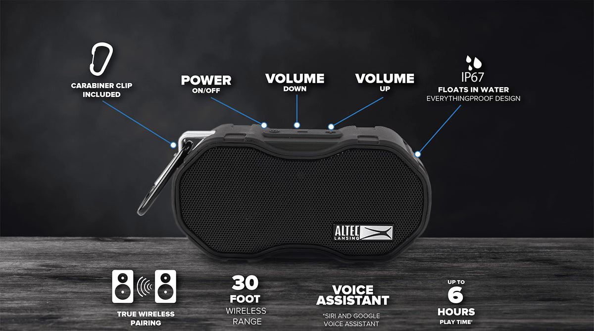 Altec Lansing Baby Boom waterproof speaker side angle showing rugged portability