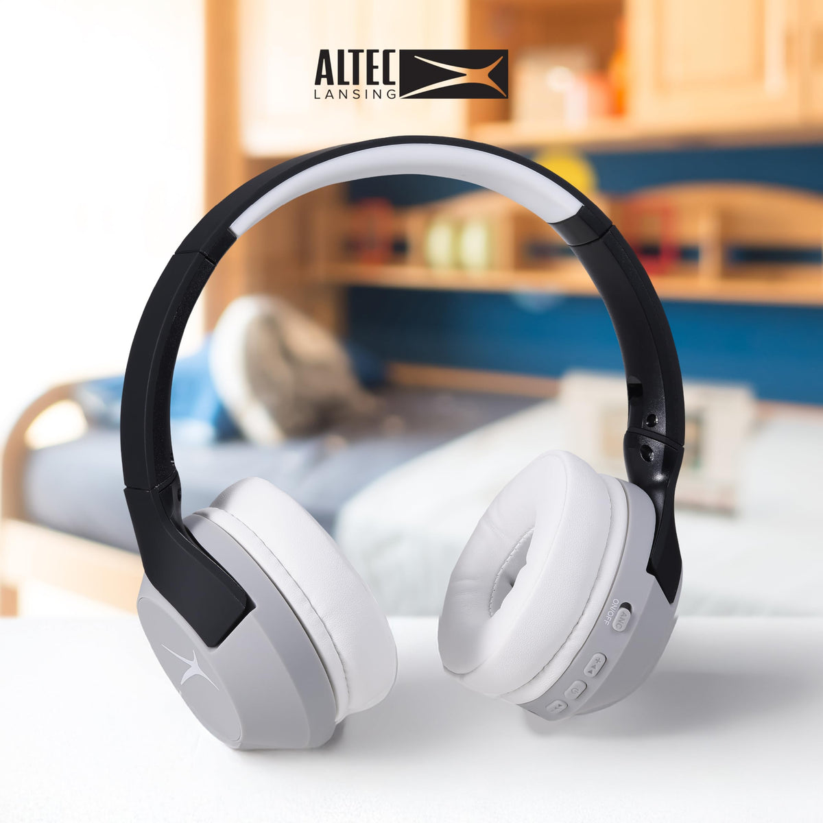 Altec Lansing child wearing headphones in car demonstrating noise reduction