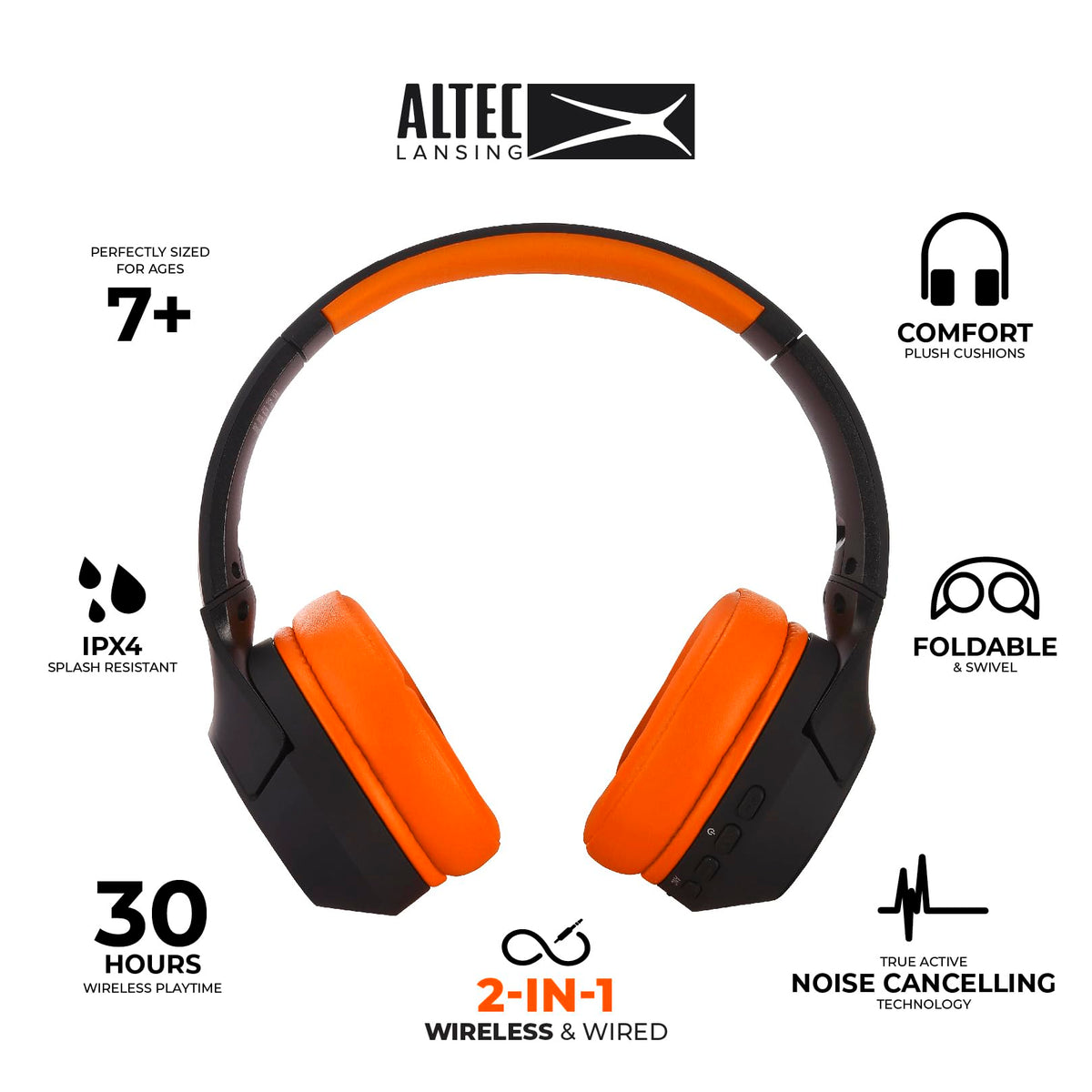 Altec Lansing folded headphones beside a water bottle for scale