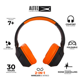 Altec Lansing folded headphones beside a water bottle for scale
