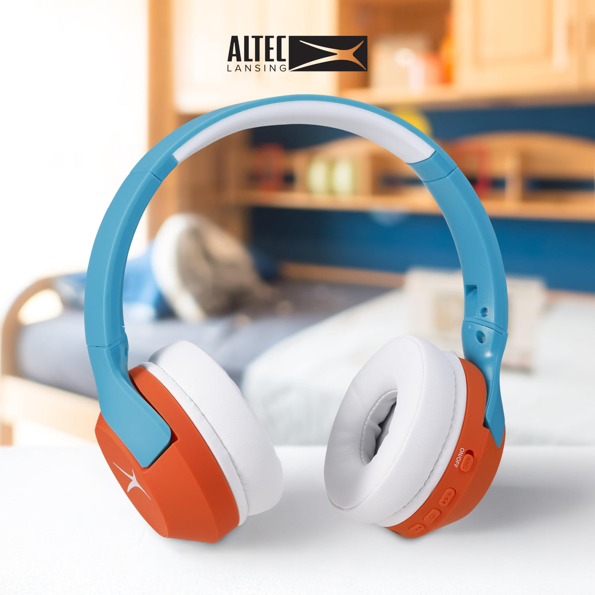Altec Lansing headphones folded in a child’s backpack for travel-ready convenience and protection
