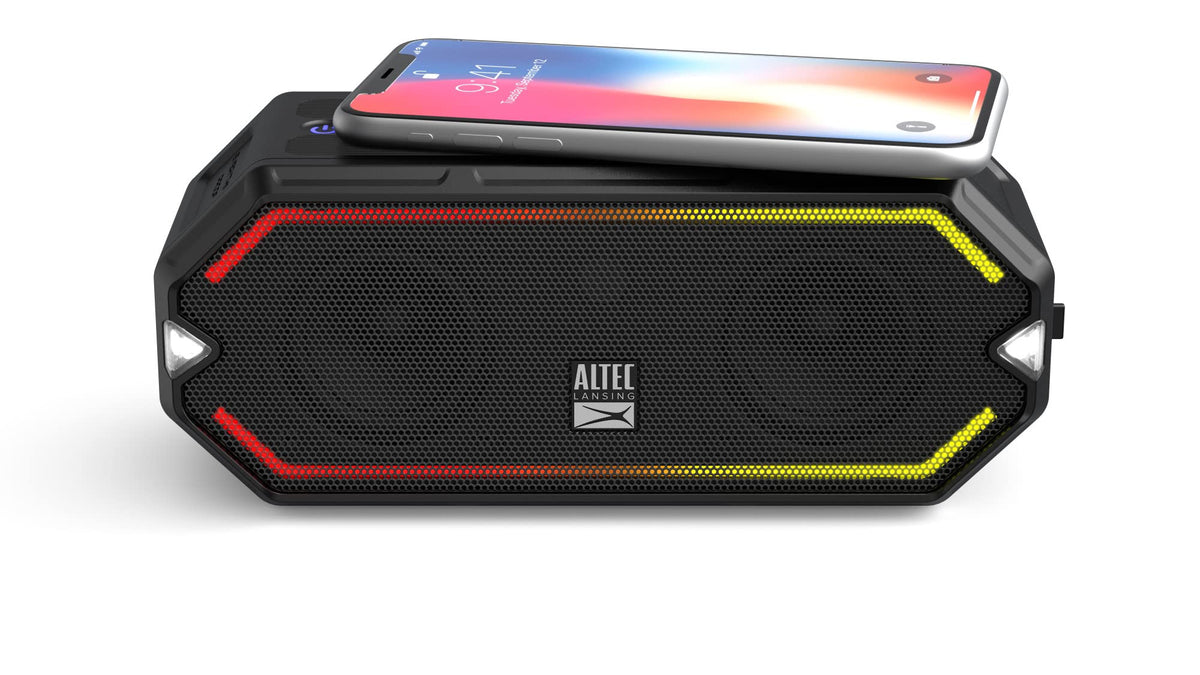 Altec Lansing front view showing speaker and rugged housing for outdoor play