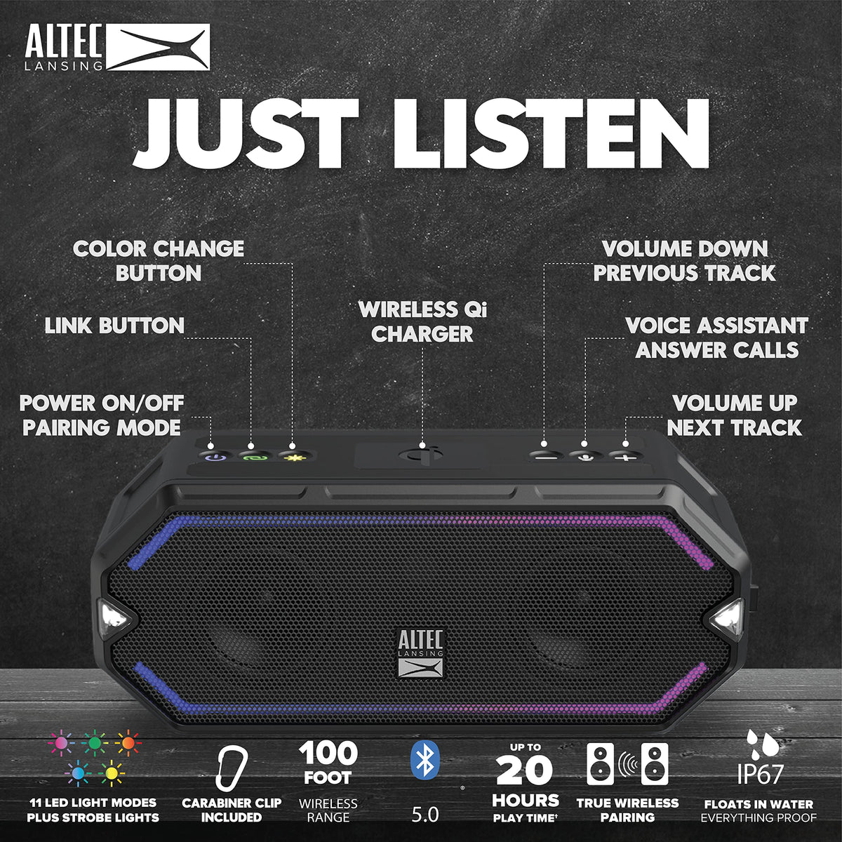 Altec Lansing top view showing wireless charging pad powering a phone
