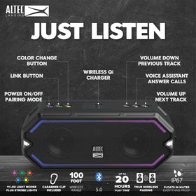 Altec Lansing top view showing wireless charging pad powering a phone