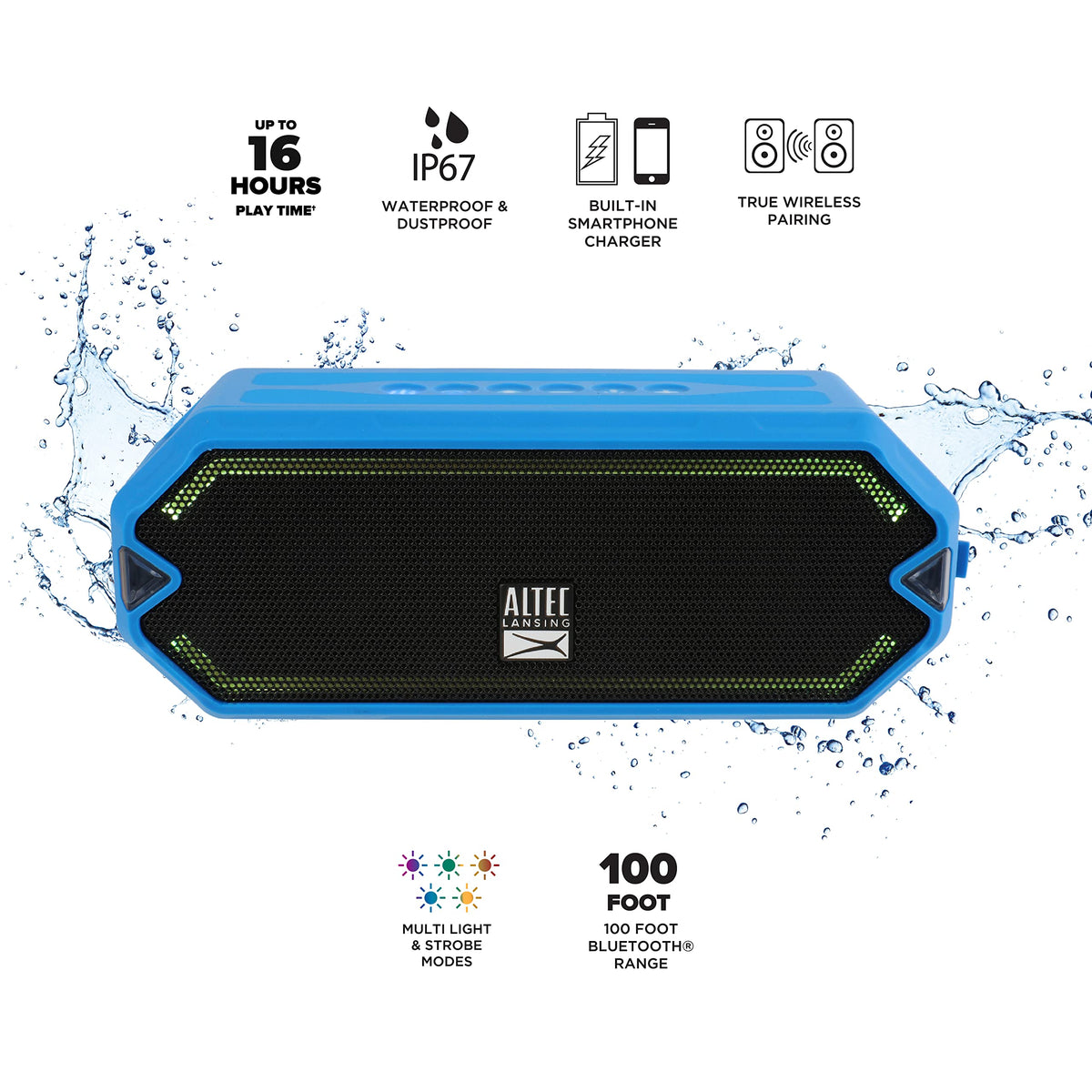 Altec Lansing HydraJolt clipped by carabiner to backpack, convenient transport