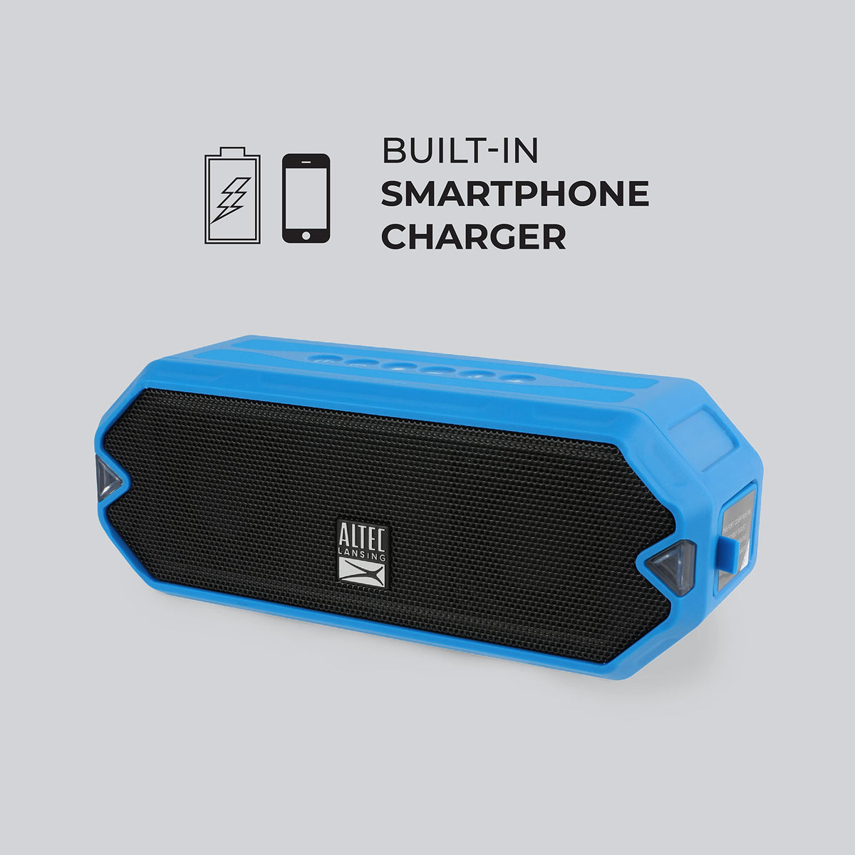Altec Lansing HydraJolt charging a phone via built-in USB, emergency power