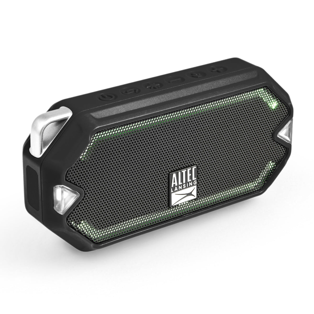 Altec Lansing HydraMini front view shows compact design for portable outdoor listening.