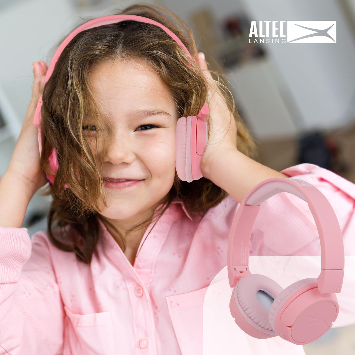 Pink color helps spot Altec Lansing headphones in a backpack
