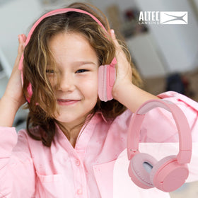 Pink color helps spot Altec Lansing headphones in a backpack