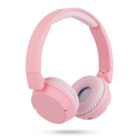 Altec Lansing Kid Safe pink headphones folded for travel