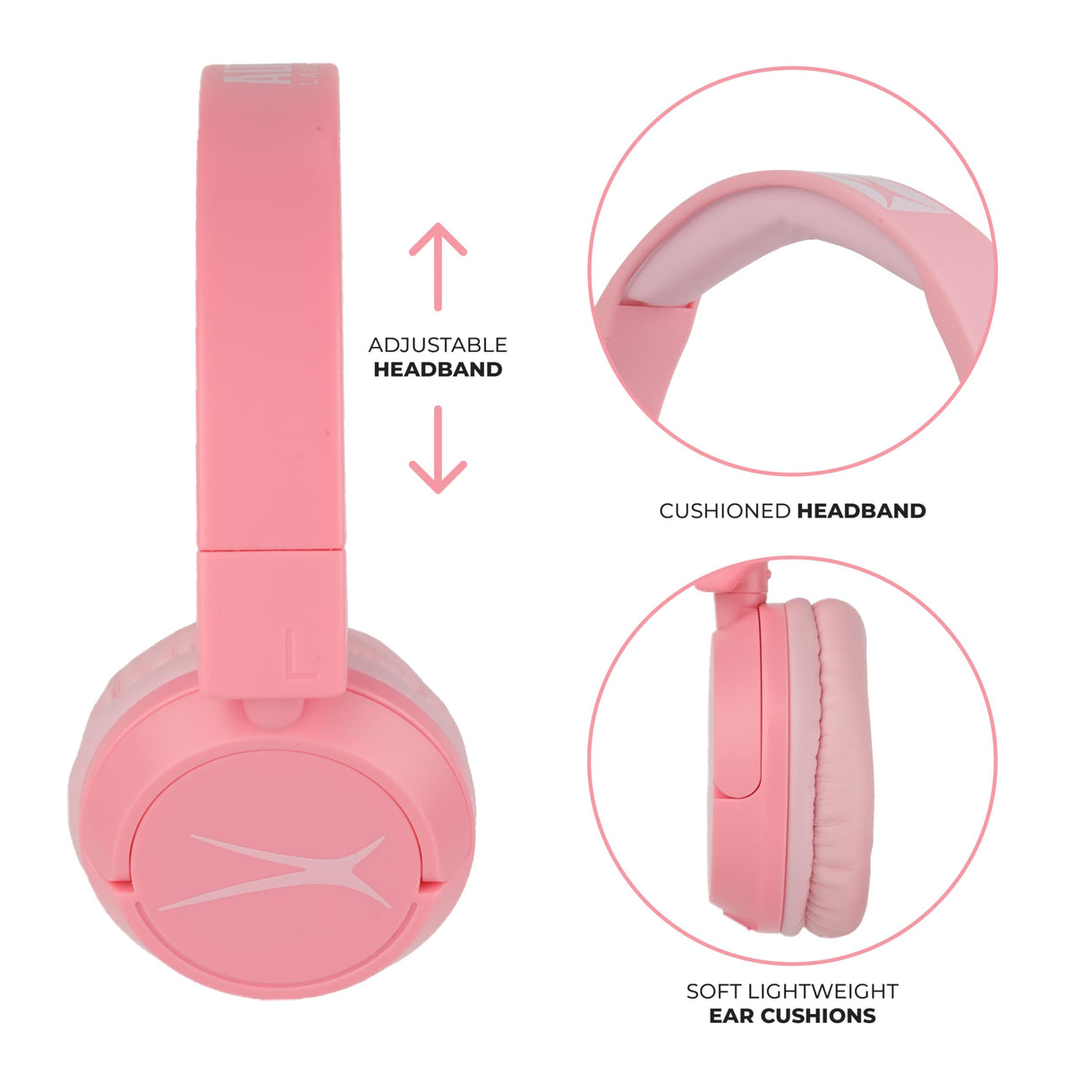Soft pink ear cushions on Altec Lansing headphones