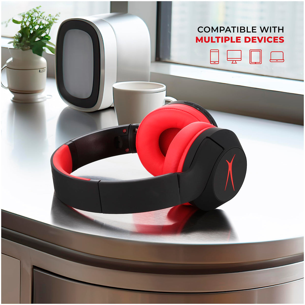 Altec Lansing kid wearing headphones in park showing secure fit and fun