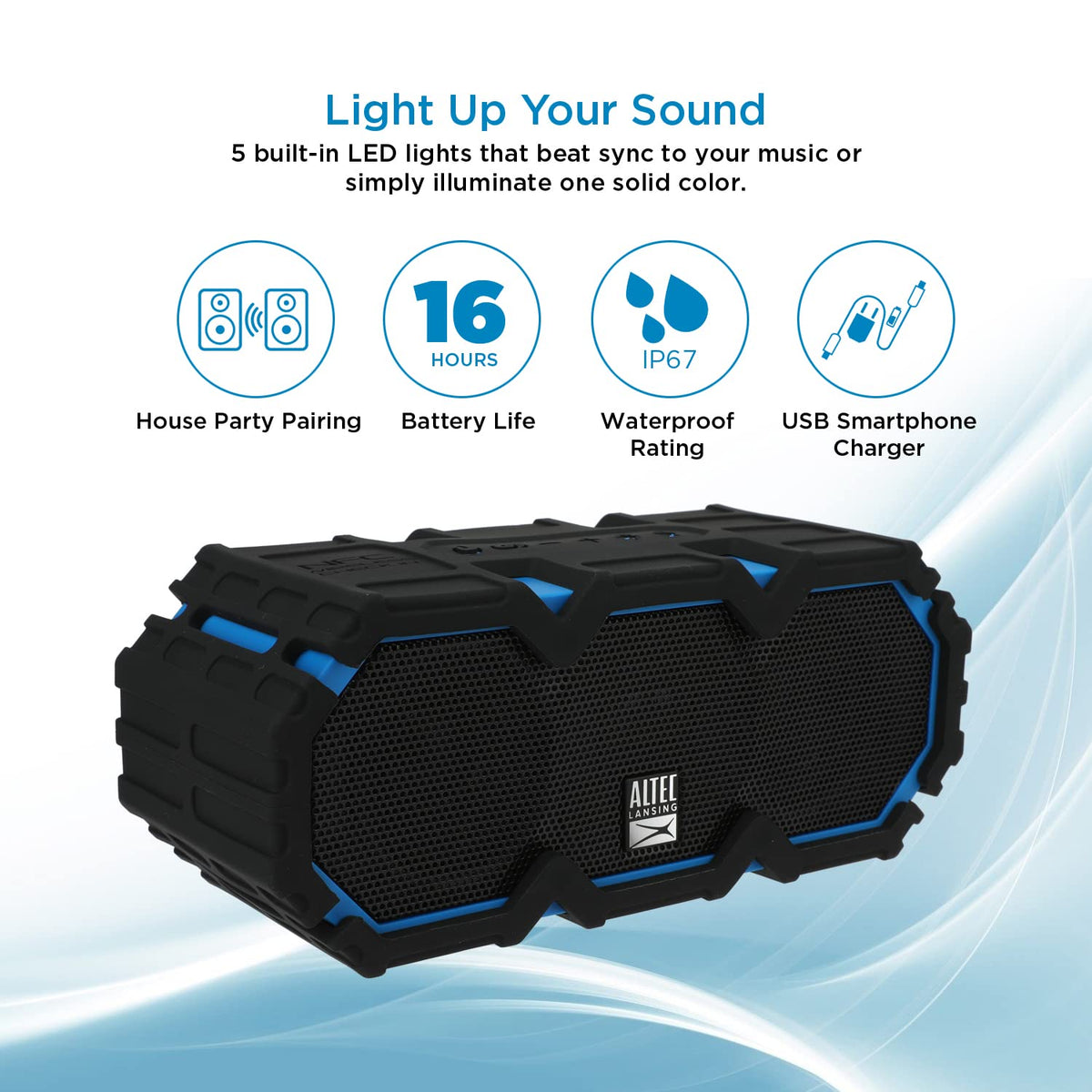 Altec Lansing floating on pool water proving waterproof design and easy retrieval