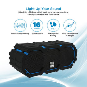Altec Lansing floating on pool water proving waterproof design and easy retrieval