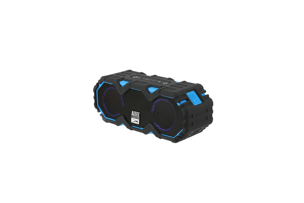 Altec Lansing side profile with clip attached demonstrating easy carry and hands-free transport