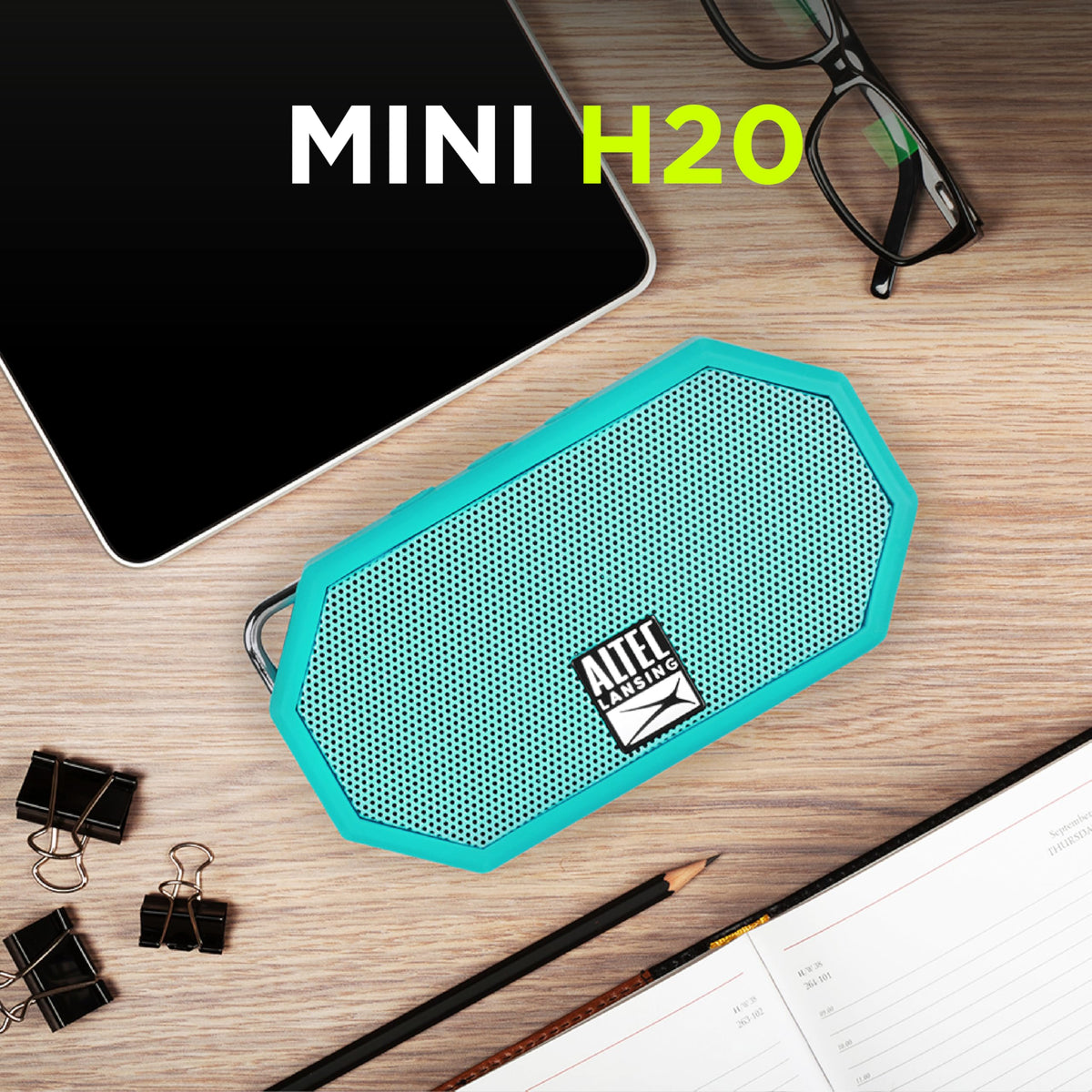 Altec Lansing Mini H2O carabiner clip attachment for hands-free music.