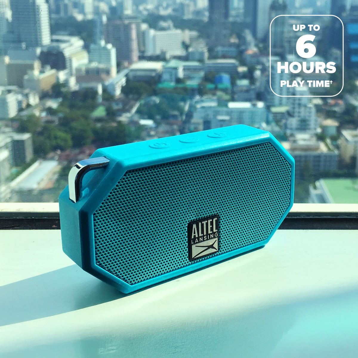 Altec Lansing Mini H2O clipped with carabiner during hike.