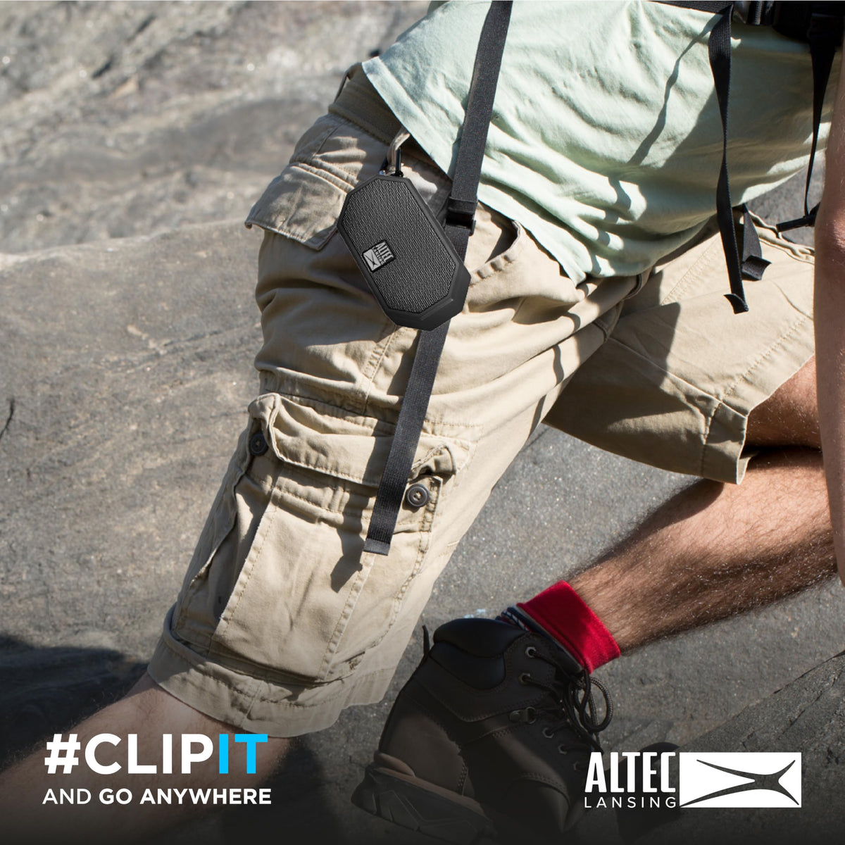 Altec Lansing Mini H2O with carabiner clip enables hands-free portability.
