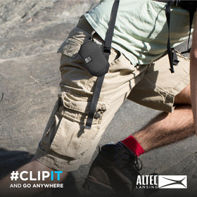 Altec Lansing Mini H2O with carabiner clip enables hands-free portability.