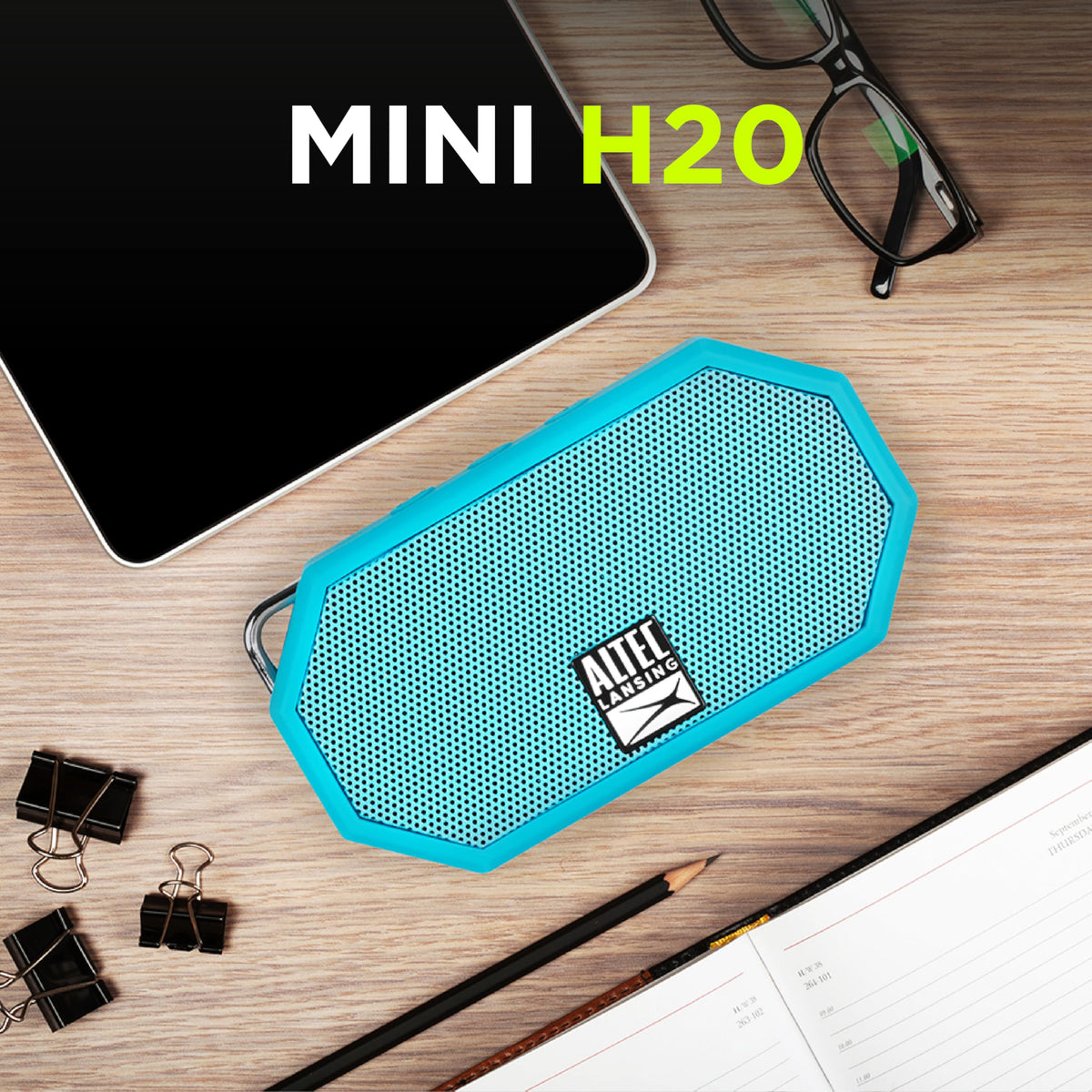 Altec Lansing Mini H2O inside a backpack showing travel-ready size.