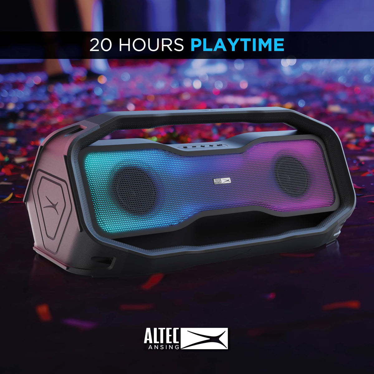 Rockbox 2.0 battery indicator showing up to 20 hours of playback for all day use.