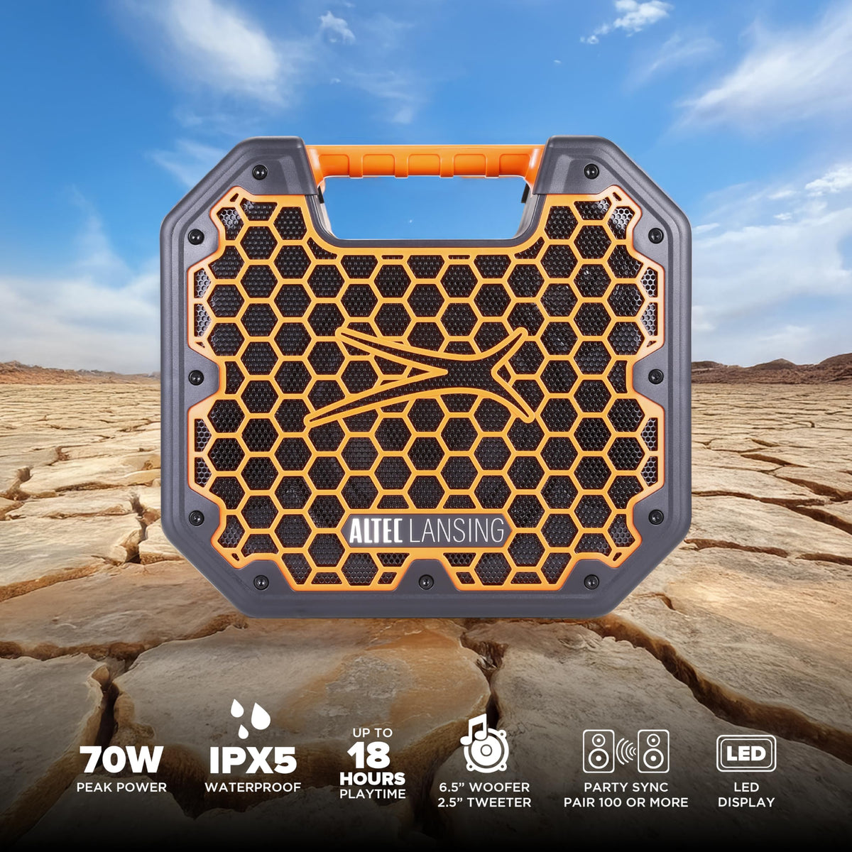Altec Lansing TOUGHBOXX battery life and LED display for all-day use.