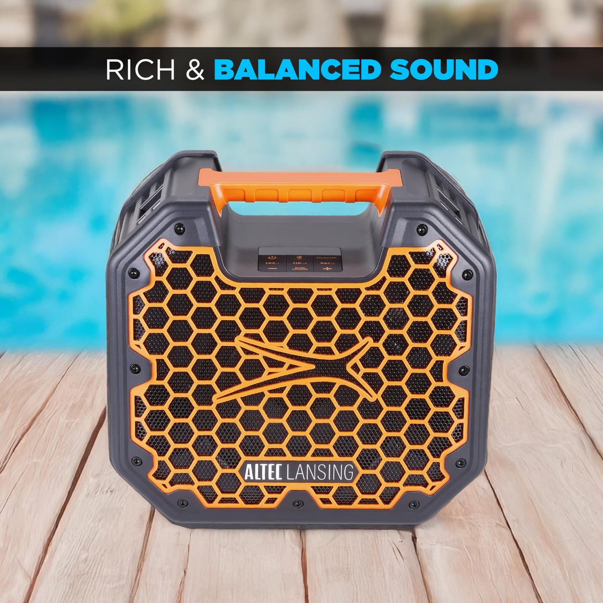 Altec Lansing TOUGHBOXX connectivity ports including USB-C and Mic In.